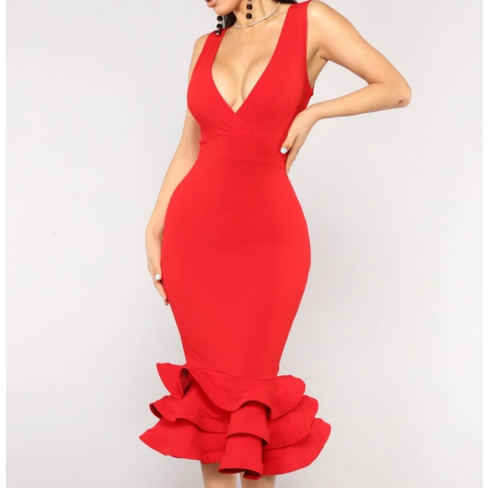 Red Bodycon Ruffle Bottom Dress